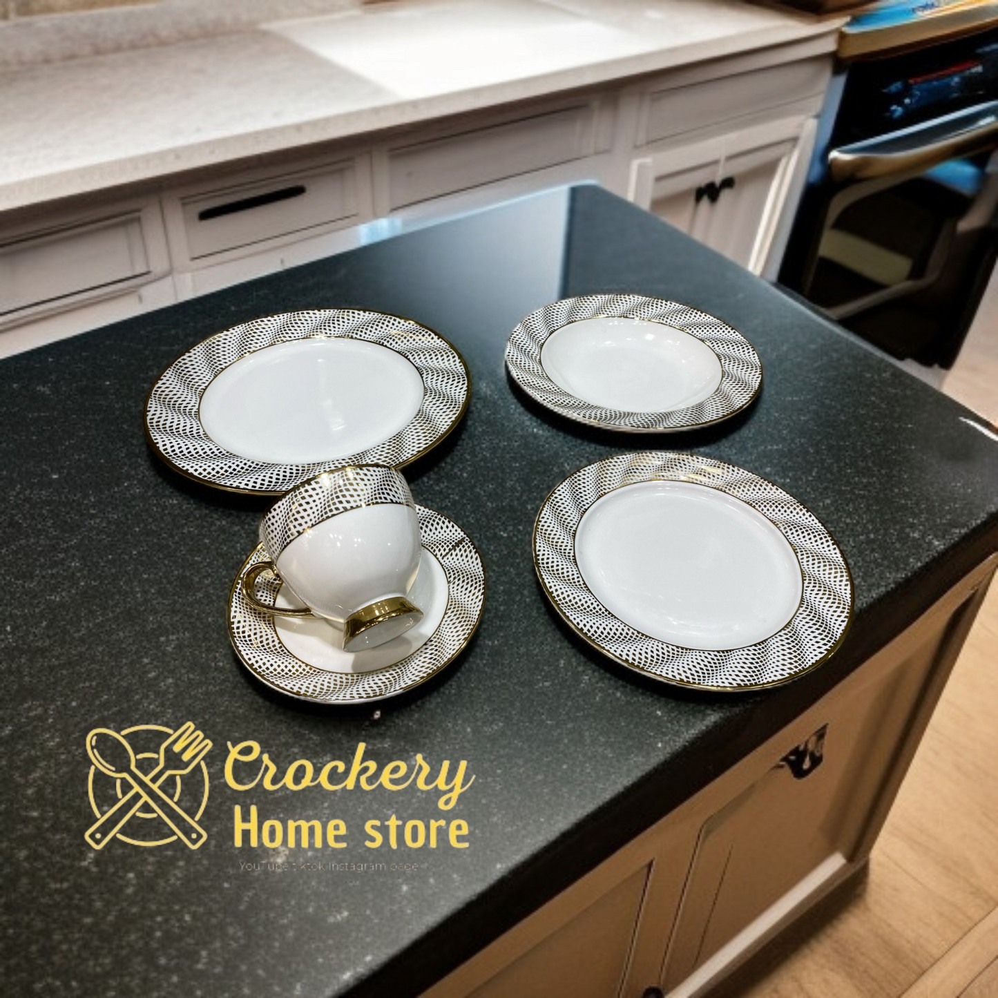 "30 Pcs Elegant Tableware Set – Cups, Saucers, Quarter Plates, Deep Plates & Rice Plates – Ideal for Family Dining"