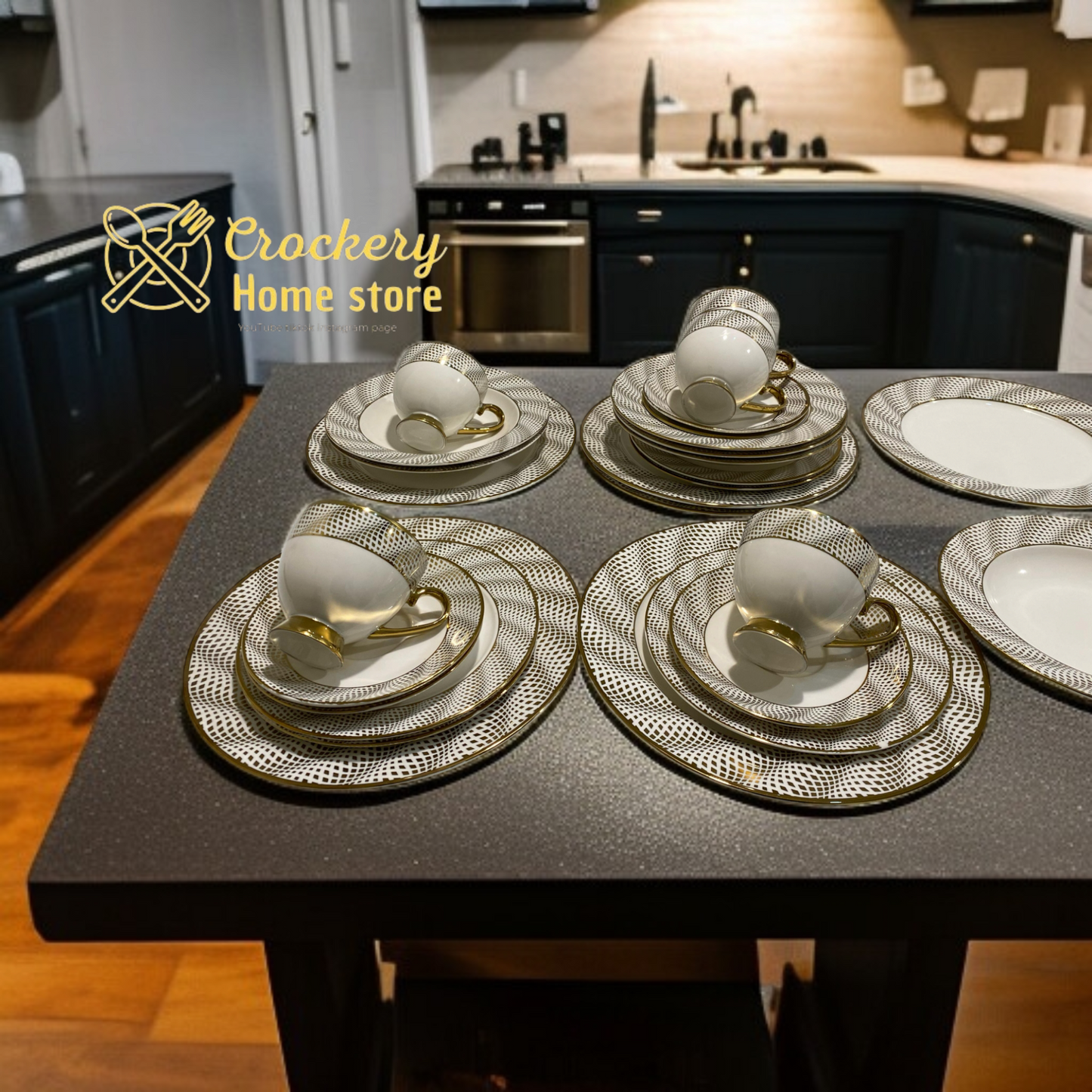 "30 Pcs Elegant Tableware Set – Cups, Saucers, Quarter Plates, Deep Plates & Rice Plates – Ideal for Family Dining"
