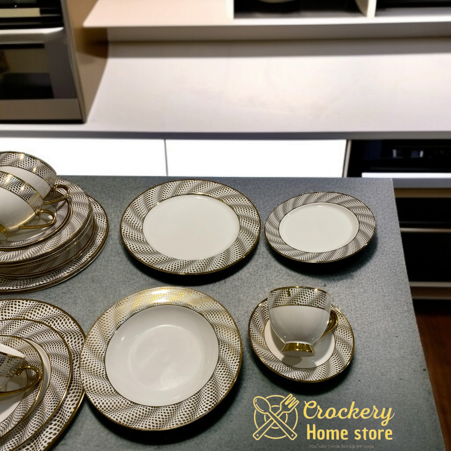 "30 Pcs Elegant Tableware Set – Cups, Saucers, Quarter Plates, Deep Plates & Rice Plates – Ideal for Family Dining"