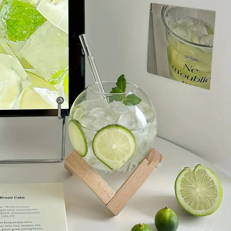 Premium Glass Juice Mug Set with Glass Straw & Wooden Stand – Stylish & Eco-Friendly Drinkware"