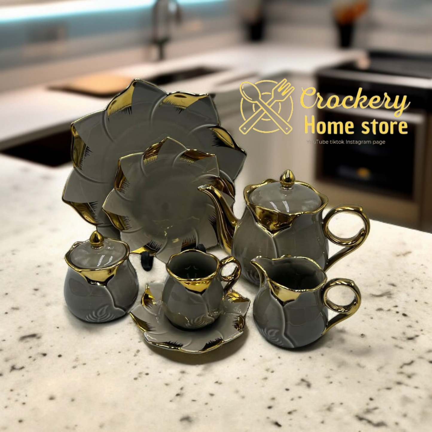24 Pcs Luxury Tea Set – 6 Cups, 6 Saucers, 6 Spoons, 1 Teapot with Lid, Sugar Pot & Milk Jug – Complete Ceramic Set with Stand"