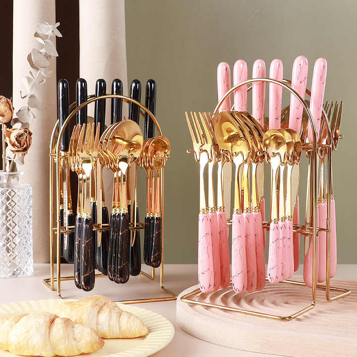 Luxury 24-Piece Cutlery Set – Marble Handles, Golden Detailing & Stand