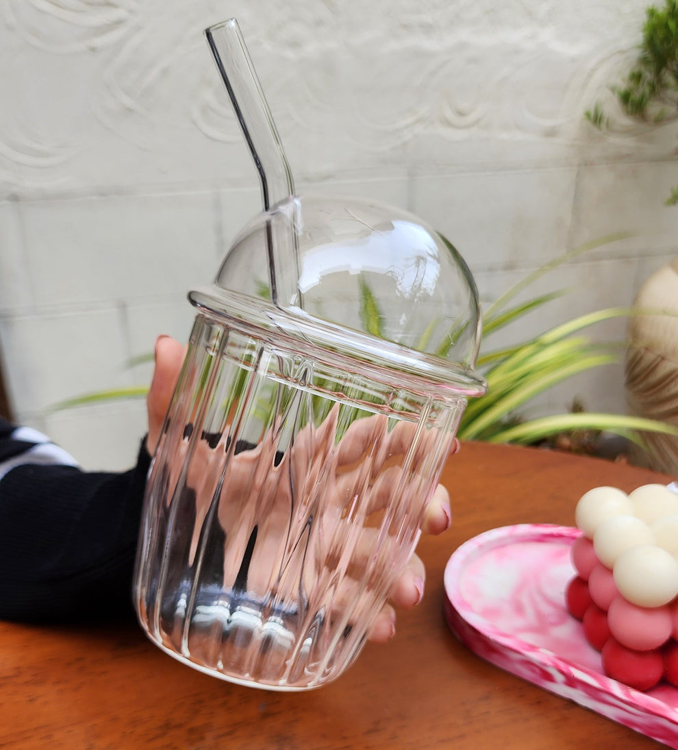 Glass Juice Mug with Glass Lid – Elegant Transparent Mug for Juices, Coffee & Smoothies"
