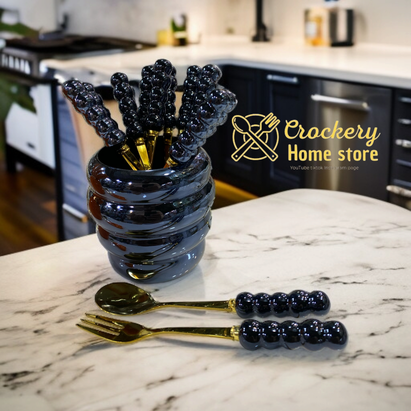 6pcs Tea Spoon & 6pcs Fruit Fork Set – Marble Handles, Golden Accents & Marble Stand