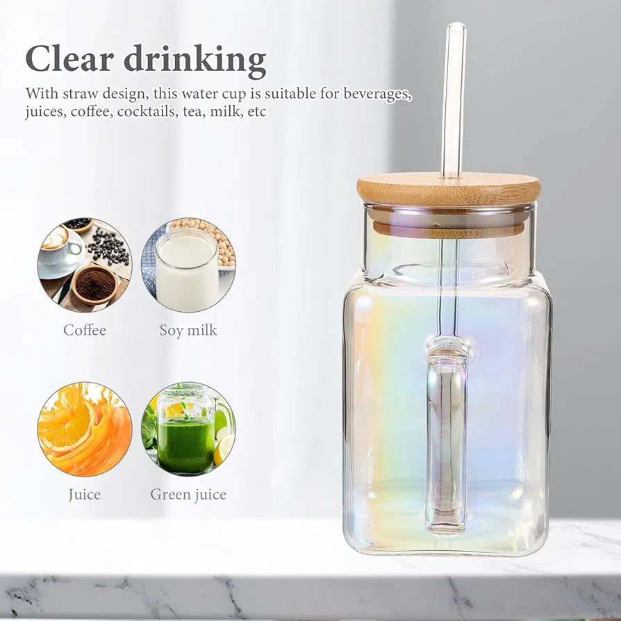 Glass Drinking Mug with Straw & Wooden Lid – 350ml Eco Cup for Beverages & Gifting"