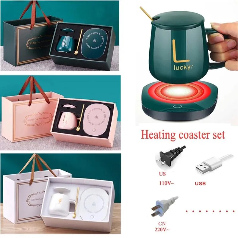 Smart Mug Warmer Set – Bone China Mug + USB Chargeable Heat Plate – Ideal for Office/Home"