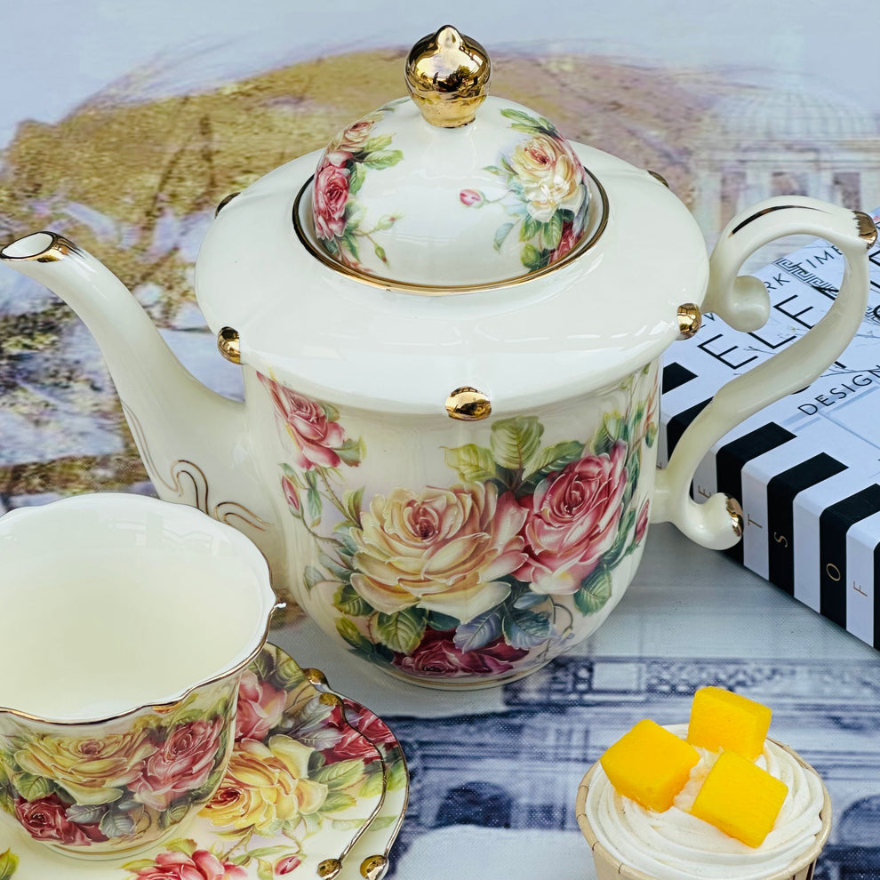 24 Pcs Royal Albert Style Tea Set – Floral English Design with Cups, Saucers, Teapot, Sugar & Milk Pot + Stand"