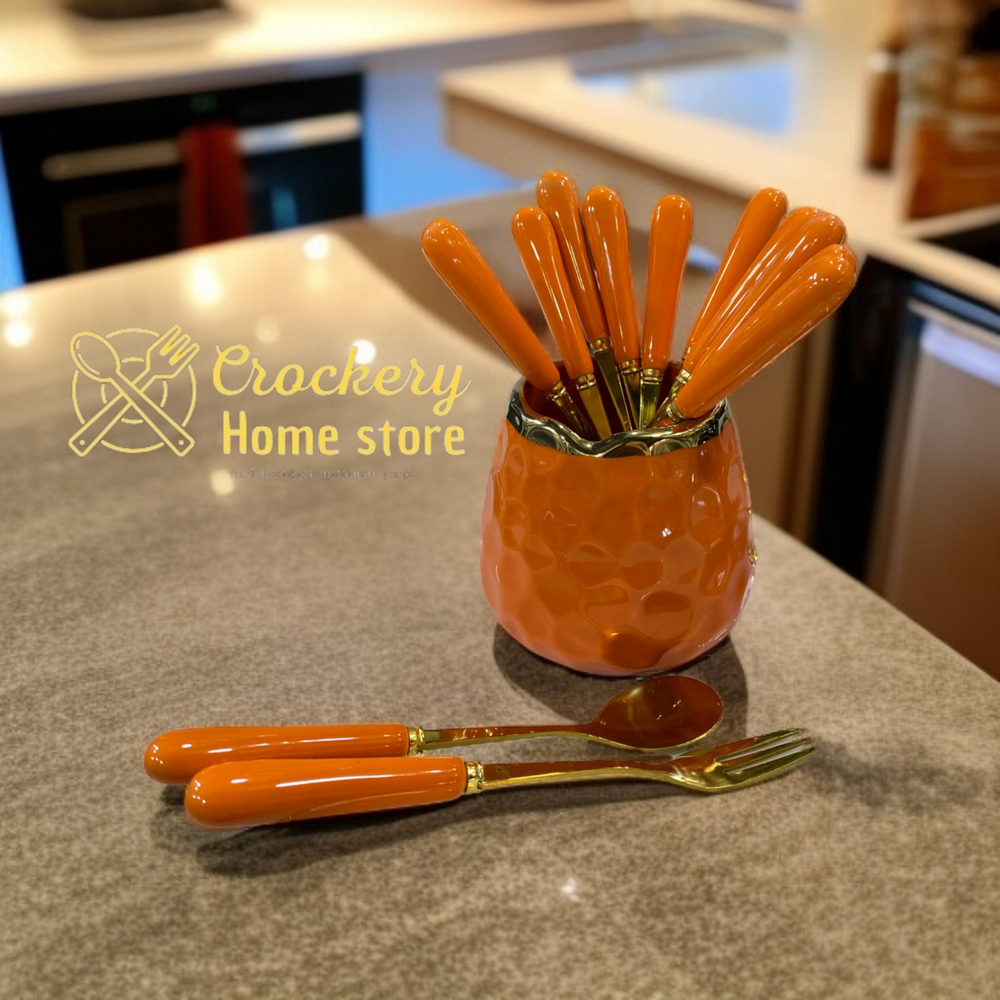 6pcs Tea Spoon & 6pcs Fruit Fork Set – Marble Handles, Golden Accents & Marble Stand
