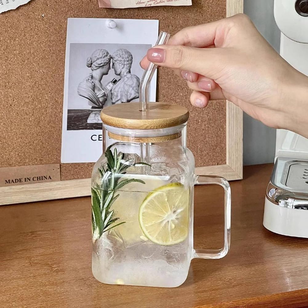 Glass Drinking Mug with Straw & Wooden Lid – 350ml Eco Cup for Beverages & Gifting"