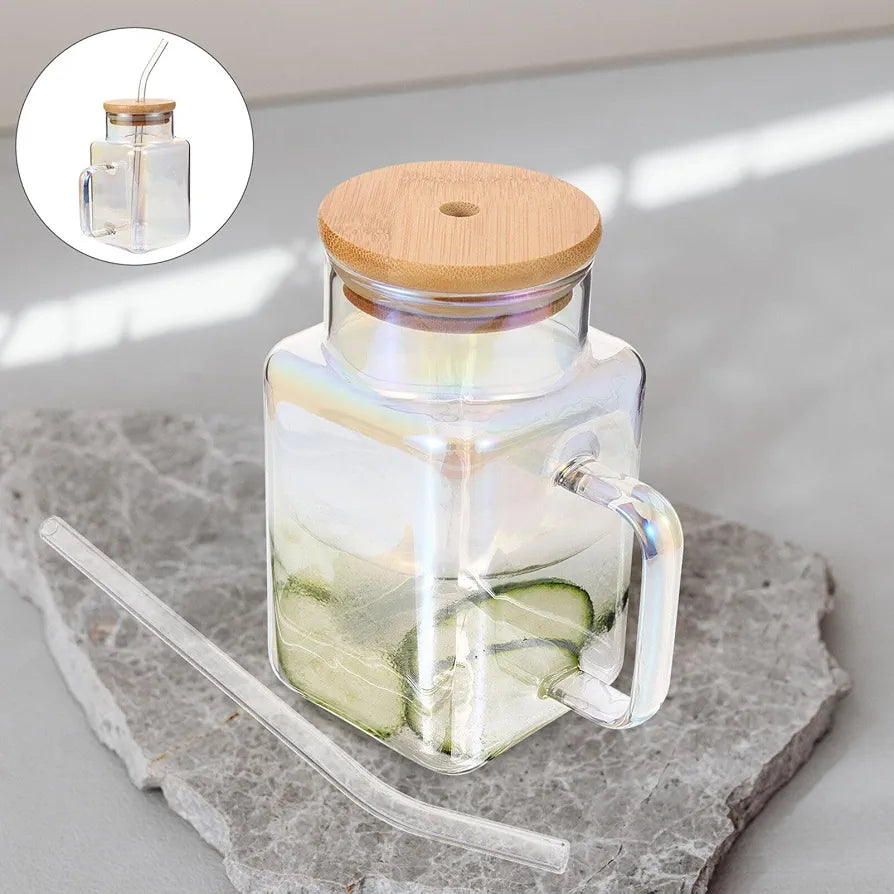 Glass Drinking Mug with Straw & Wooden Lid – 350ml Eco Cup for Beverages & Gifting"