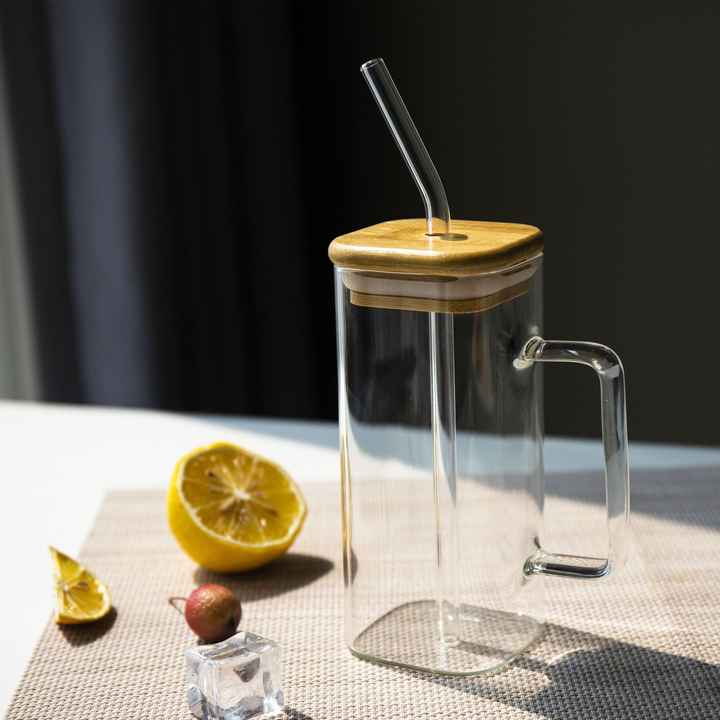 Minimalist 350ML Glass Mug with Eco Straw and Wooden Lid – Ideal for Iced Drinks