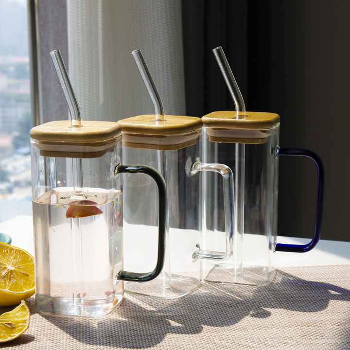 Minimalist 350ML Glass Mug with Eco Straw and Wooden Lid – Ideal for Iced Drinks