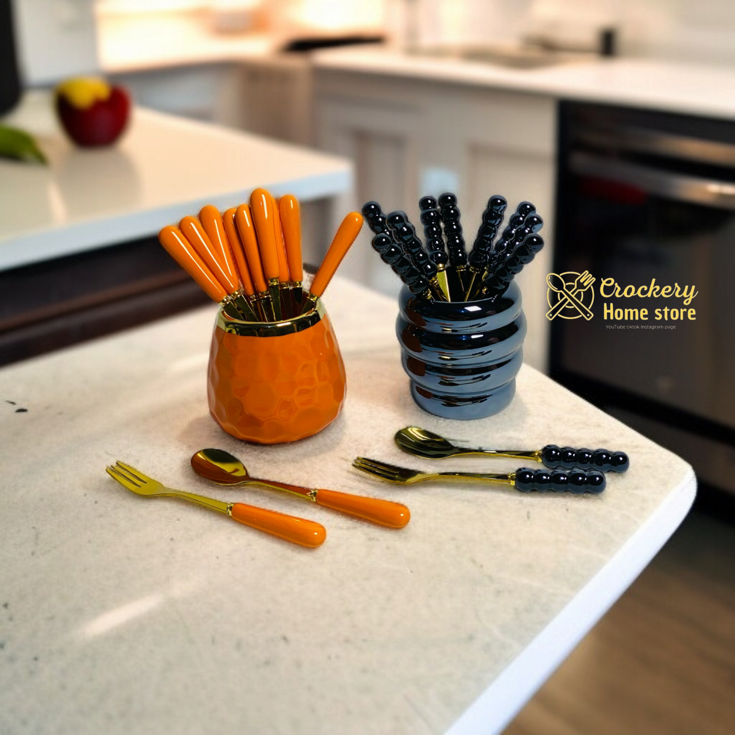 6pcs Tea Spoon & 6pcs Fruit Fork Set – Marble Handles, Golden Accents & Marble Stand