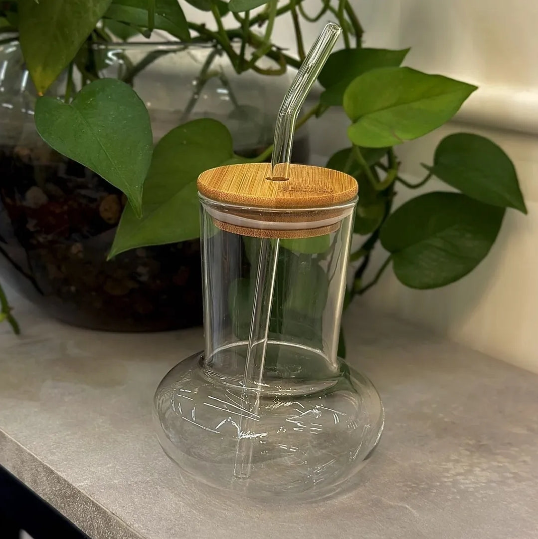 Glass Juice Mug with Wooden Lid & Glass Straw – Eco-Friendly Transparent Cup for Cold Drinks"