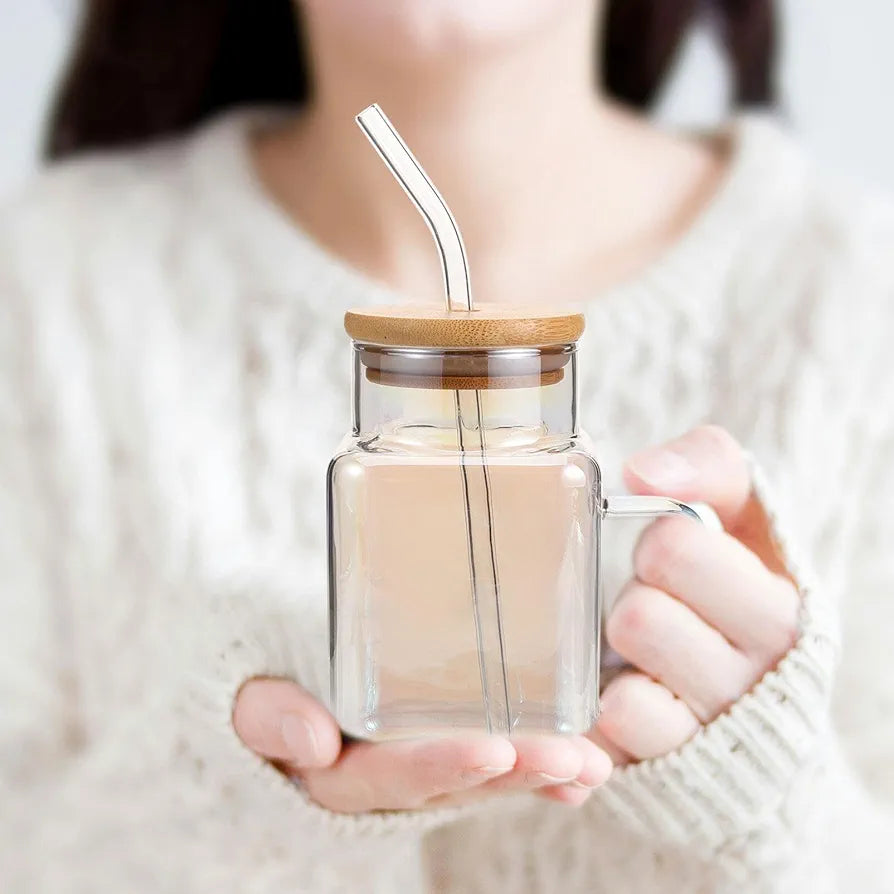 Glass Drinking Mug with Straw & Wooden Lid – 350ml Eco Cup for Beverages & Gifting"