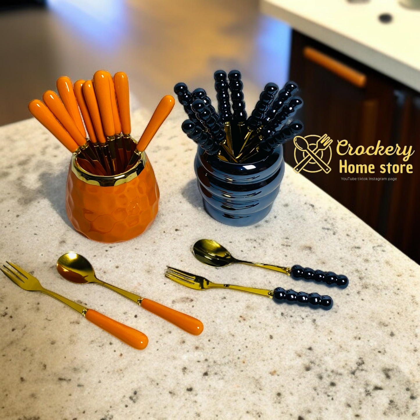 6pcs Tea Spoon & 6pcs Fruit Fork Set – Marble Handles, Golden Accents & Marble Stand