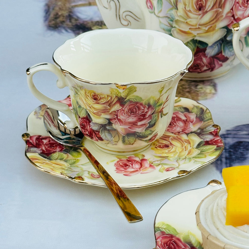 24 Pcs Royal Albert Style Tea Set – Floral English Design with Cups, Saucers, Teapot, Sugar & Milk Pot + Stand"