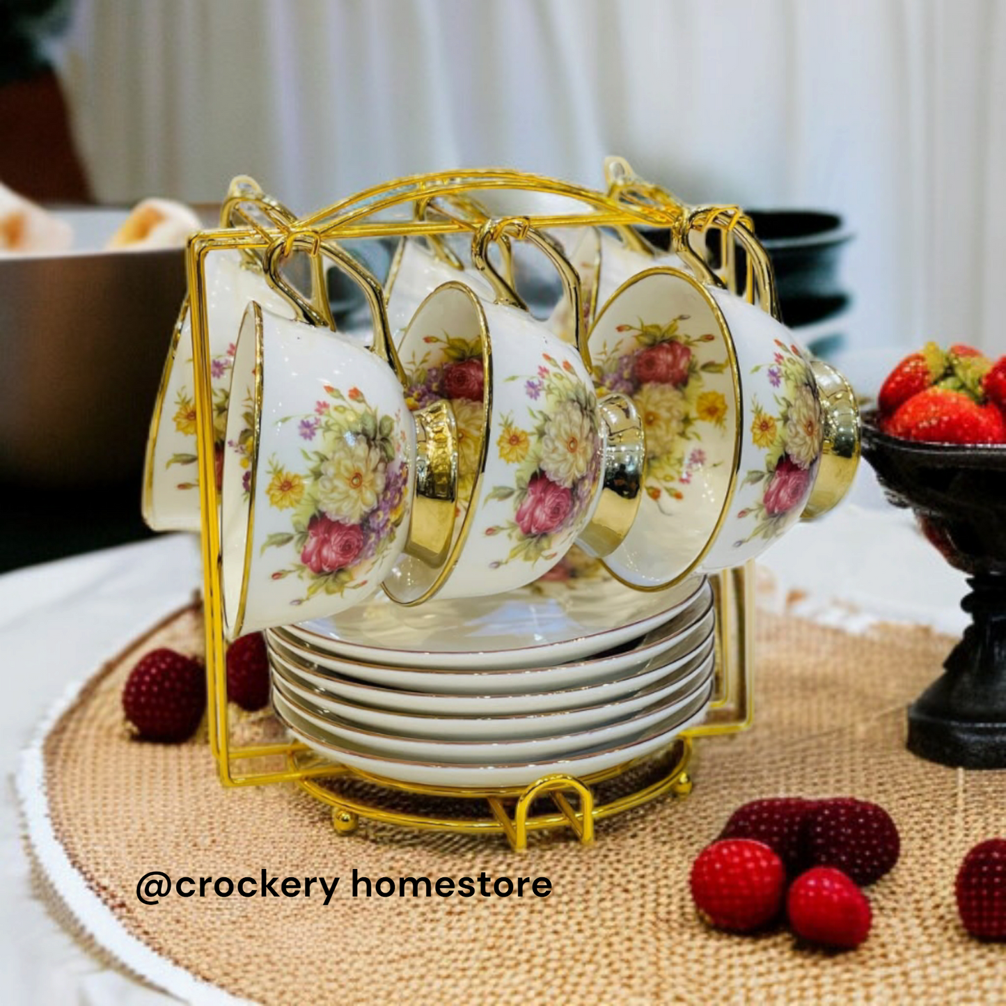 Luxury 12 Pcs Tea Cup & Saucer Set with Rack – Elegant Ceramic Crockery