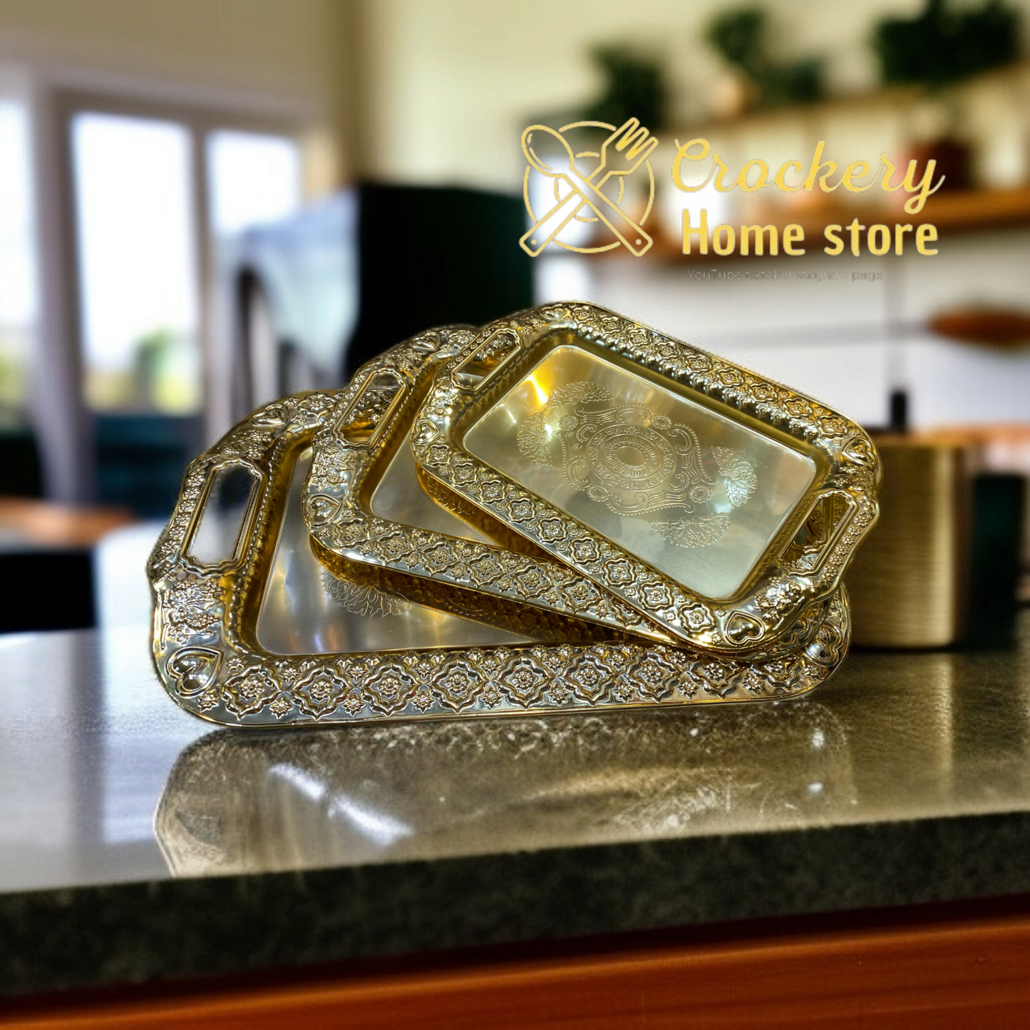 Luxury 3-Piece Golden Steel Tray Set – Elegant & Durable