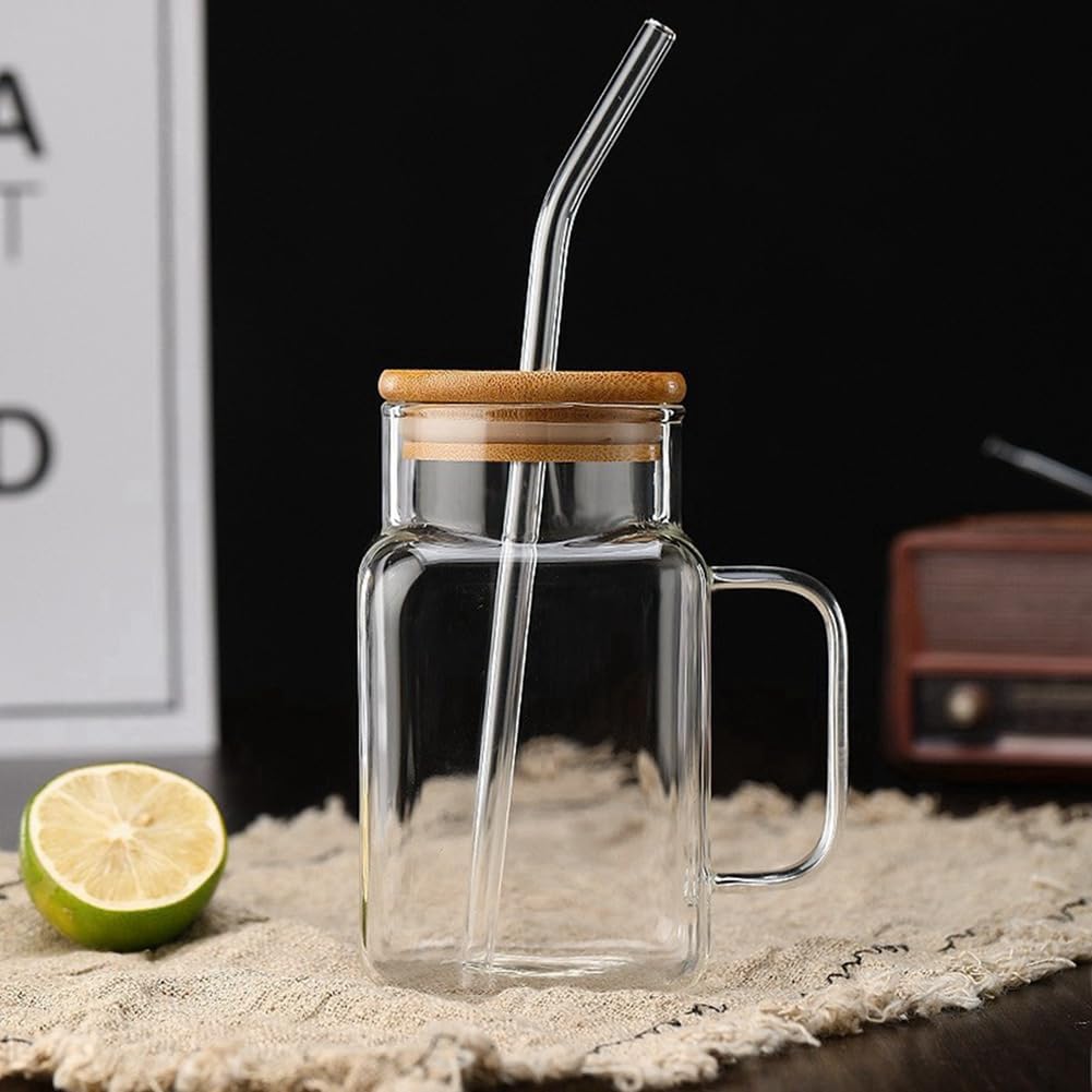 Glass Drinking Mug with Straw & Wooden Lid – 350ml Eco Cup for Beverages & Gifting"