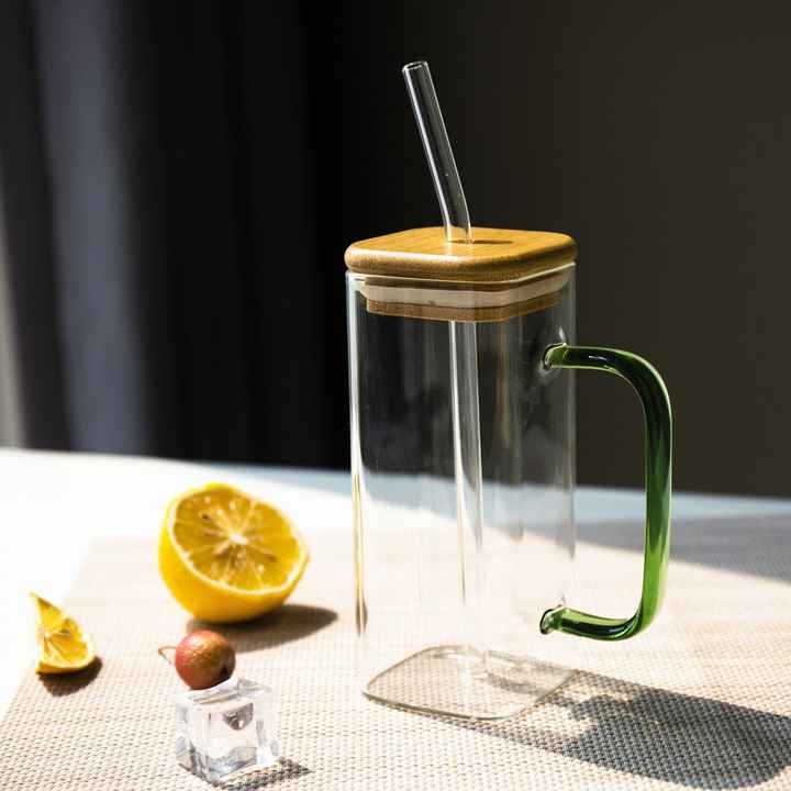 Minimalist 350ML Glass Mug with Eco Straw and Wooden Lid – Ideal for Iced Drinks