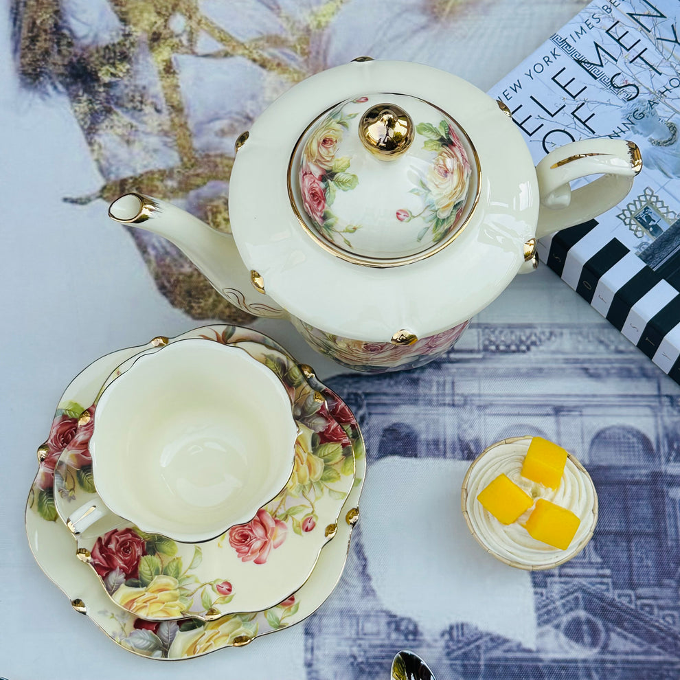 24 Pcs Royal Albert Style Tea Set – Floral English Design with Cups, Saucers, Teapot, Sugar & Milk Pot + Stand"