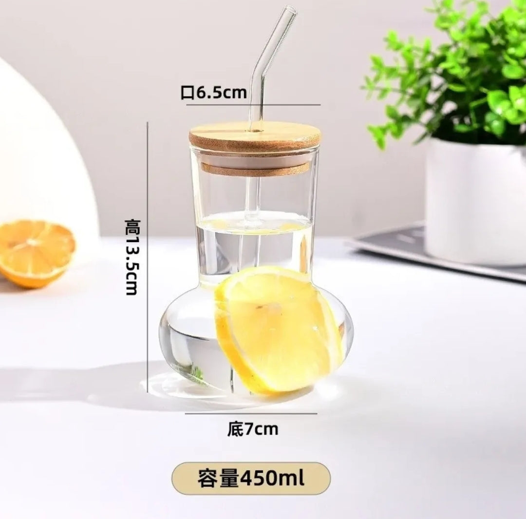 Glass Juice Mug with Wooden Lid & Glass Straw – Eco-Friendly Transparent Cup for Cold Drinks"