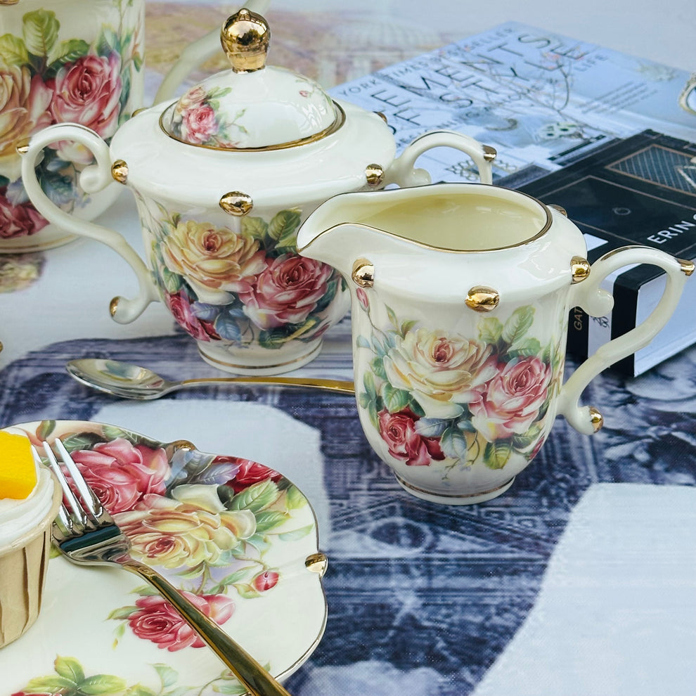 24 Pcs Royal Albert Style Tea Set – Floral English Design with Cups, Saucers, Teapot, Sugar & Milk Pot + Stand"
