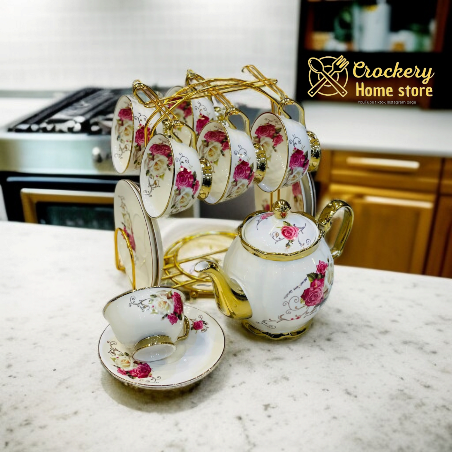 15 Pcs Elegant Tea Set with Stand – 6 Cups, 6 Saucers, Teapot with Lid – Premium Porcelain Crockery for Tea Lovers"