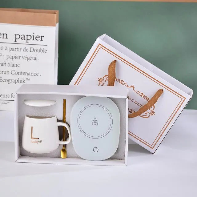 Smart Mug Warmer Set – Bone China Mug + USB Chargeable Heat Plate – Ideal for Office/Home"