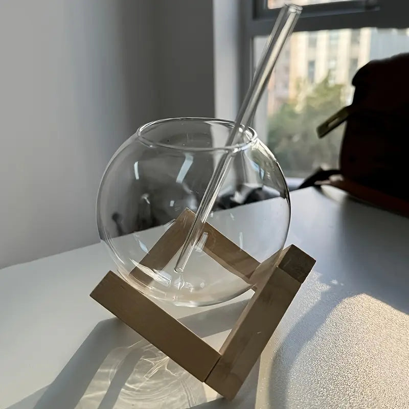 Premium Glass Juice Mug Set with Glass Straw & Wooden Stand – Stylish & Eco-Friendly Drinkware"