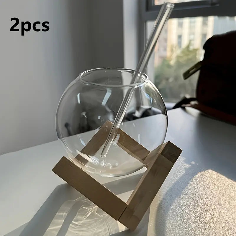 Premium Glass Juice Mug Set with Glass Straw & Wooden Stand – Stylish & Eco-Friendly Drinkware"