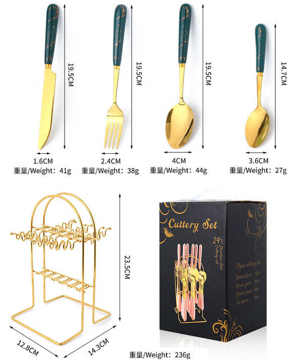 Luxury 24-Piece Cutlery Set – Marble Handles, Golden Detailing & Stand