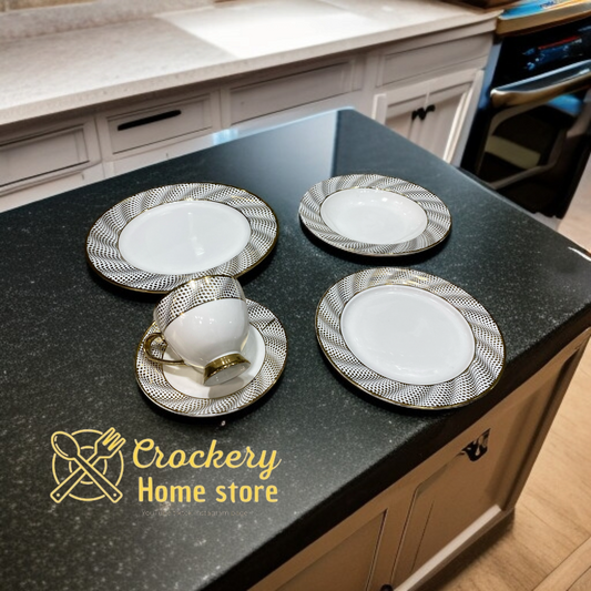 "30 Pcs Elegant Tableware Set – Cups, Saucers, Quarter Plates, Deep Plates & Rice Plates – Ideal for Family Dining"