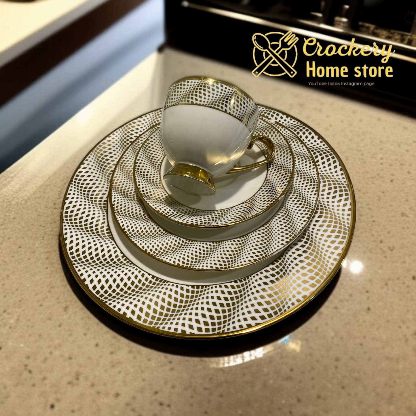 "30 Pcs Elegant Tableware Set – Cups, Saucers, Quarter Plates, Deep Plates & Rice Plates – Ideal for Family Dining"