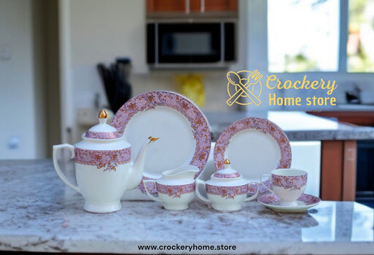 Luxury 24 Piece Bone China Tea Set – 6 Person – Teacups, Saucers, Teapot – Gift Set