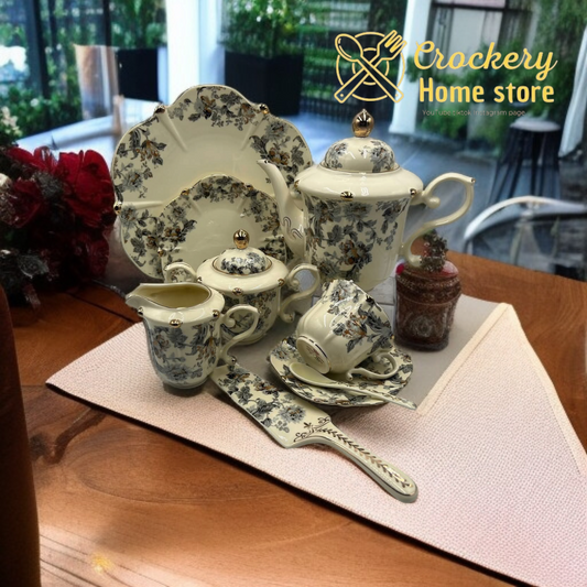 Royal Touch 24 Pcs Tea Set – English Style with Floral Print, Gold Detailing & Full Accessories – Premium Crockery Set"