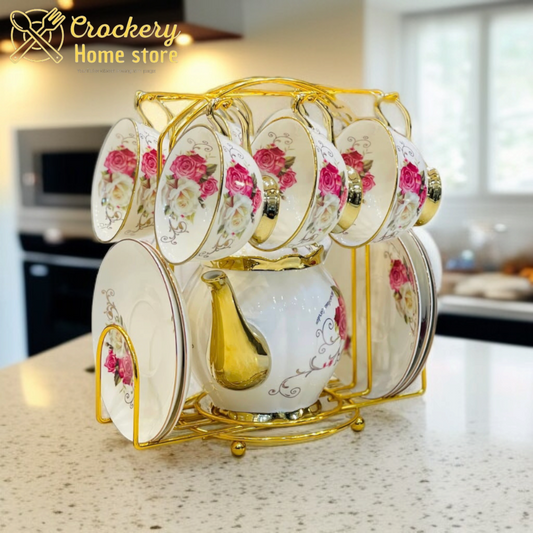 15 Pcs Elegant Tea Set with Stand – 6 Cups, 6 Saucers, Teapot with Lid – Premium Porcelain Crockery for Tea Lovers"