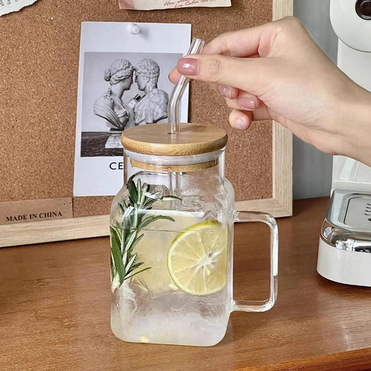 Glass Drinking Mug with Straw & Wooden Lid – 350ml Eco Cup for Beverages & Gifting"