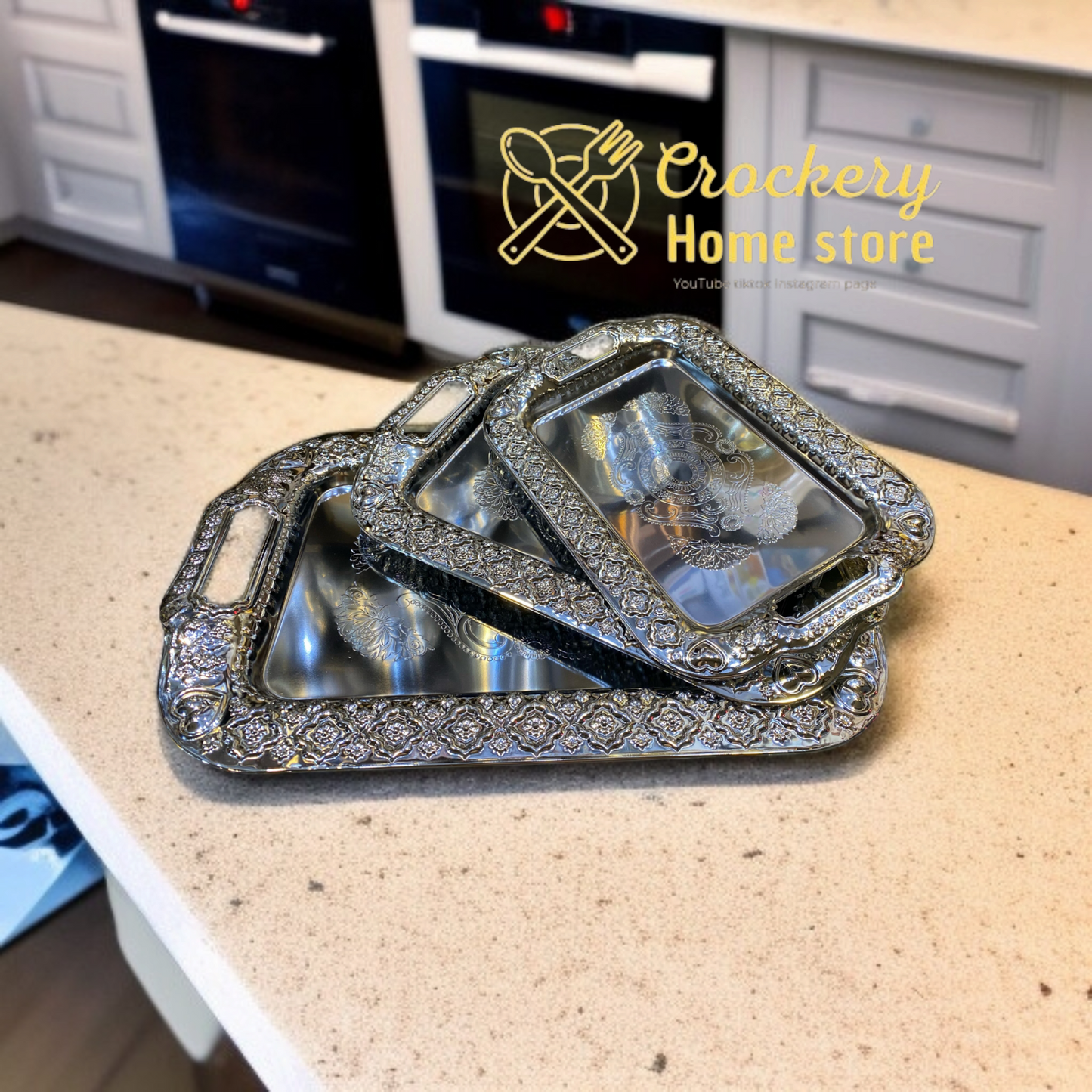 Luxury 3-Piece Golden Steel Tray Set – Elegant & Durable