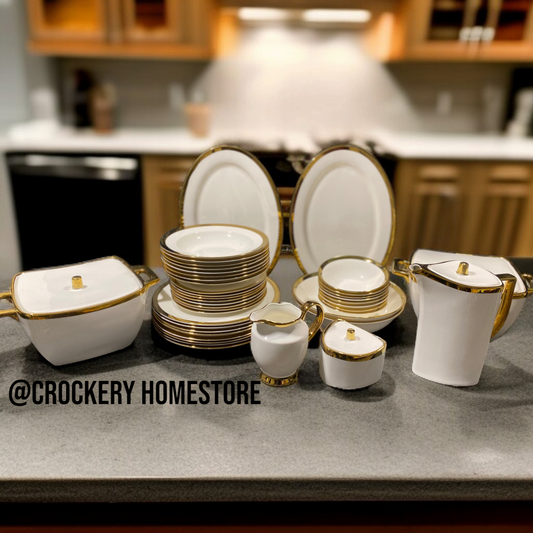 Premium 61pcs Bone China Dinner Set for 8 | Classic White & Gold Finish