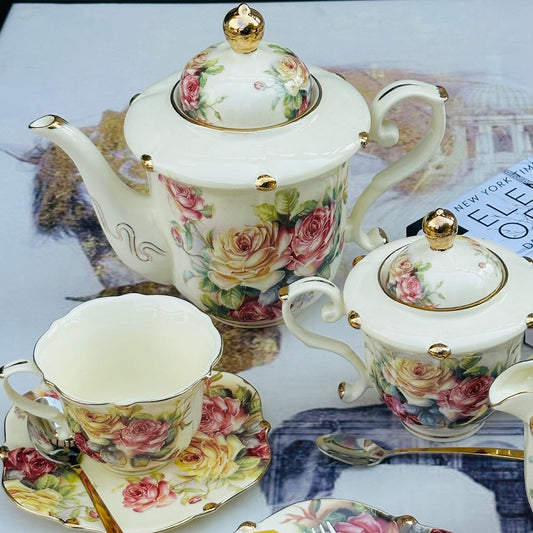 24 Pcs Royal Albert Style Tea Set – Floral English Design with Cups, Saucers, Teapot, Sugar & Milk Pot + Stand"