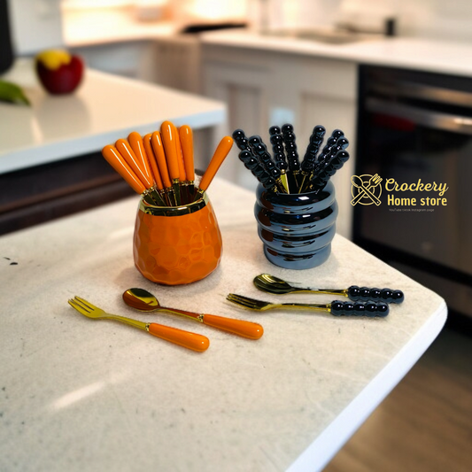 6pcs Tea Spoon & 6pcs Fruit Fork Set – Marble Handles, Golden Accents & Marble Stand