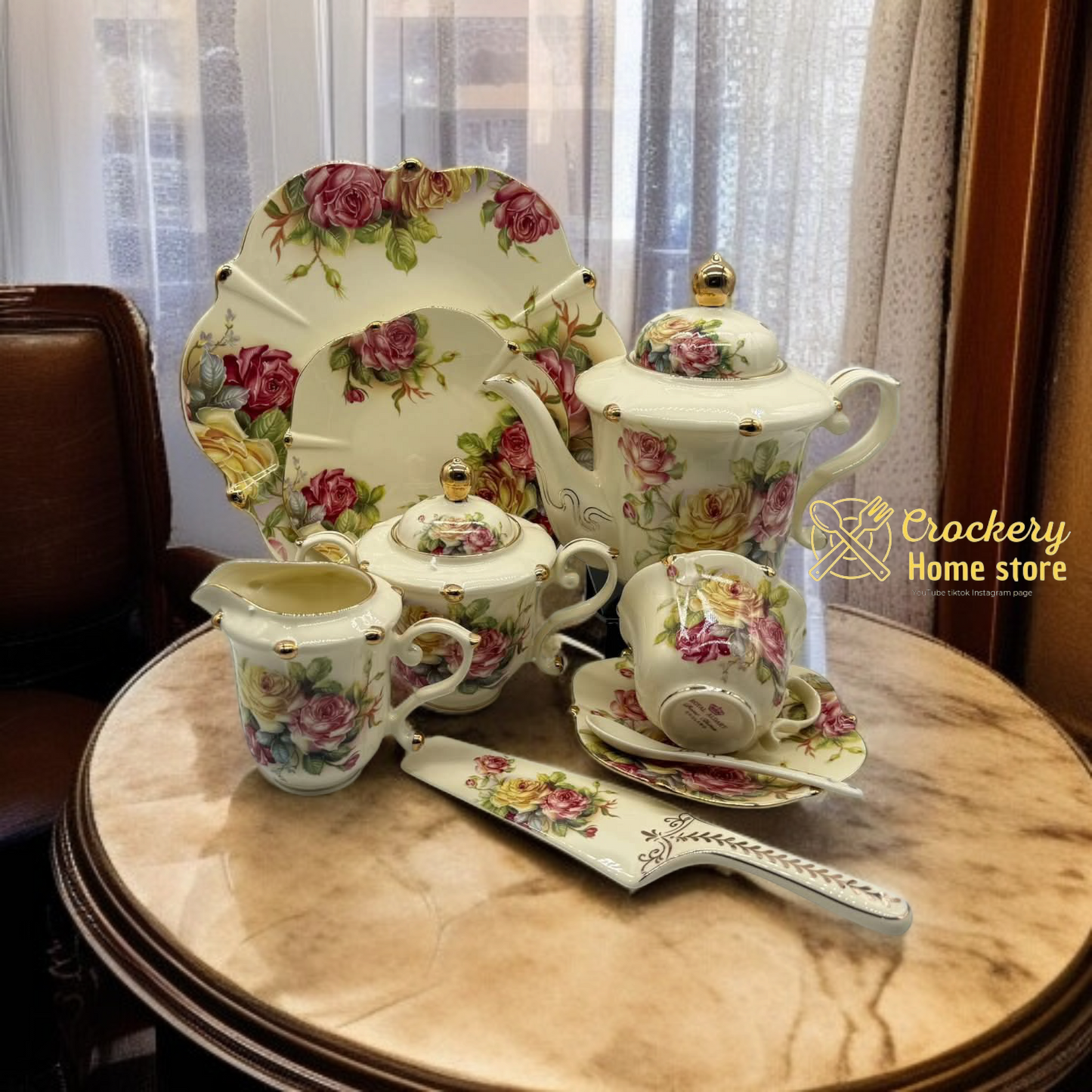 Royal Touch 24 Pcs Tea Set – English Style with Floral Print, Gold Detailing & Full Accessories – Premium Crockery Set"