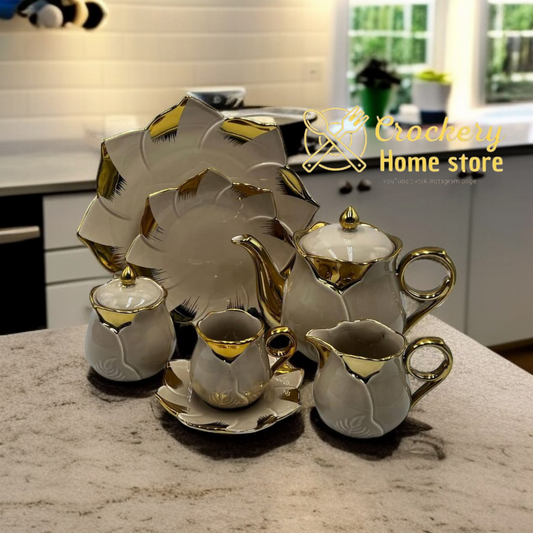 24 Pcs Luxury Tea Set – 6 Cups, 6 Saucers, 6 Spoons, 1 Teapot with Lid, Sugar Pot & Milk Jug – Complete Ceramic Set with Stand"