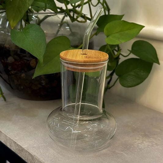 Glass Juice Mug with Wooden Lid & Glass Straw – Eco-Friendly Transparent Cup for Cold Drinks"