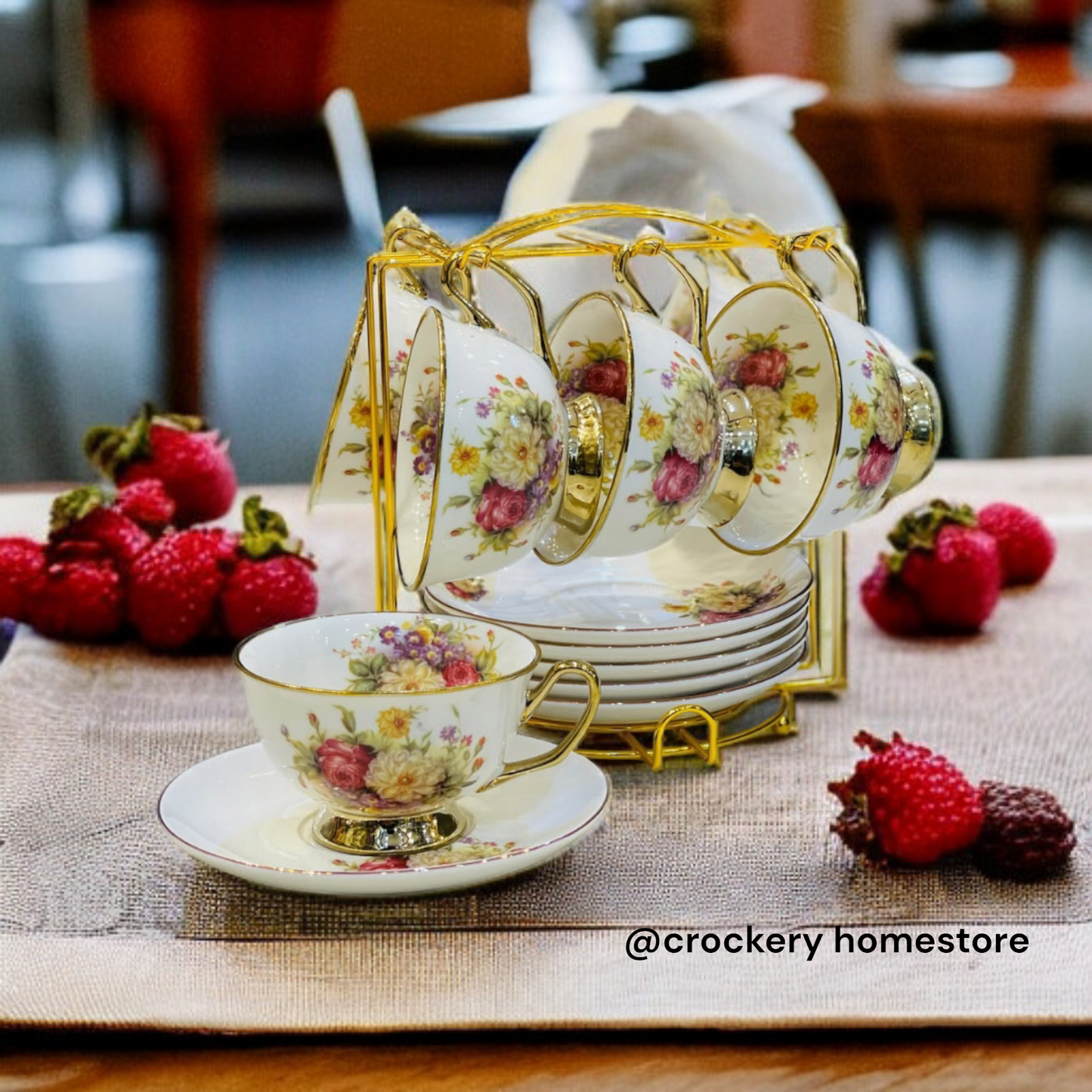 Luxury 12 Pcs Tea Cup & Saucer Set with Rack – Elegant Ceramic Crockery