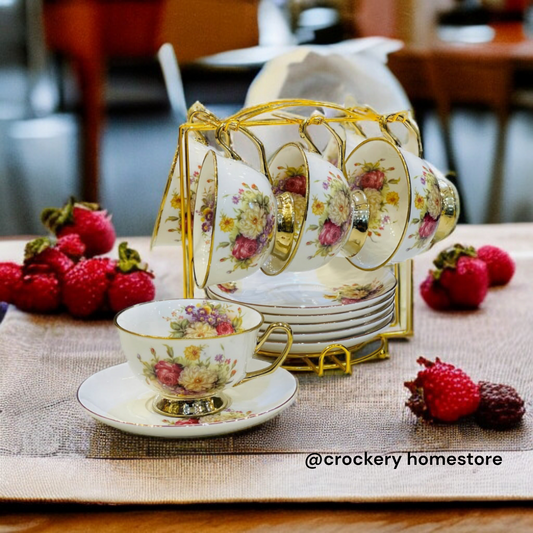 Luxury 12 Pcs Tea Cup & Saucer Set with Rack – Elegant Ceramic Crockery