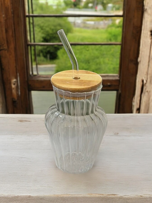 "Glass Juice Mug with Wooden Lid & Glass Straw – Eco-Friendly Transparent Cup for Cold Drinks"