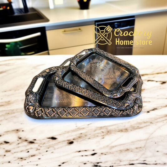 Luxury 3-Piece Golden Steel Tray Set – Elegant & Durable